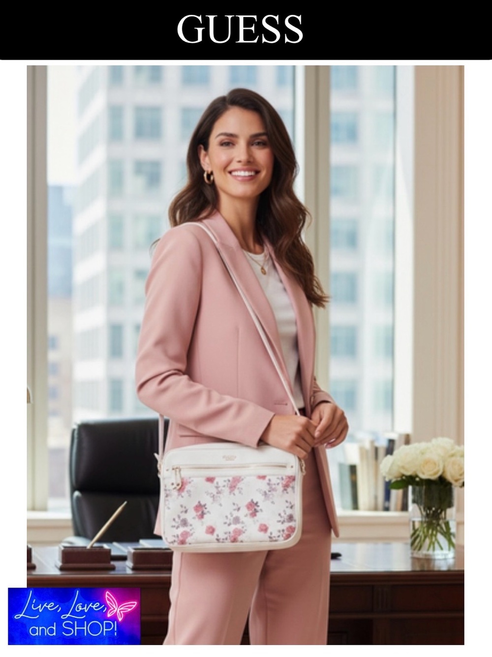GUESS Floral Print Laptop w/Crossbody Strap, EUC